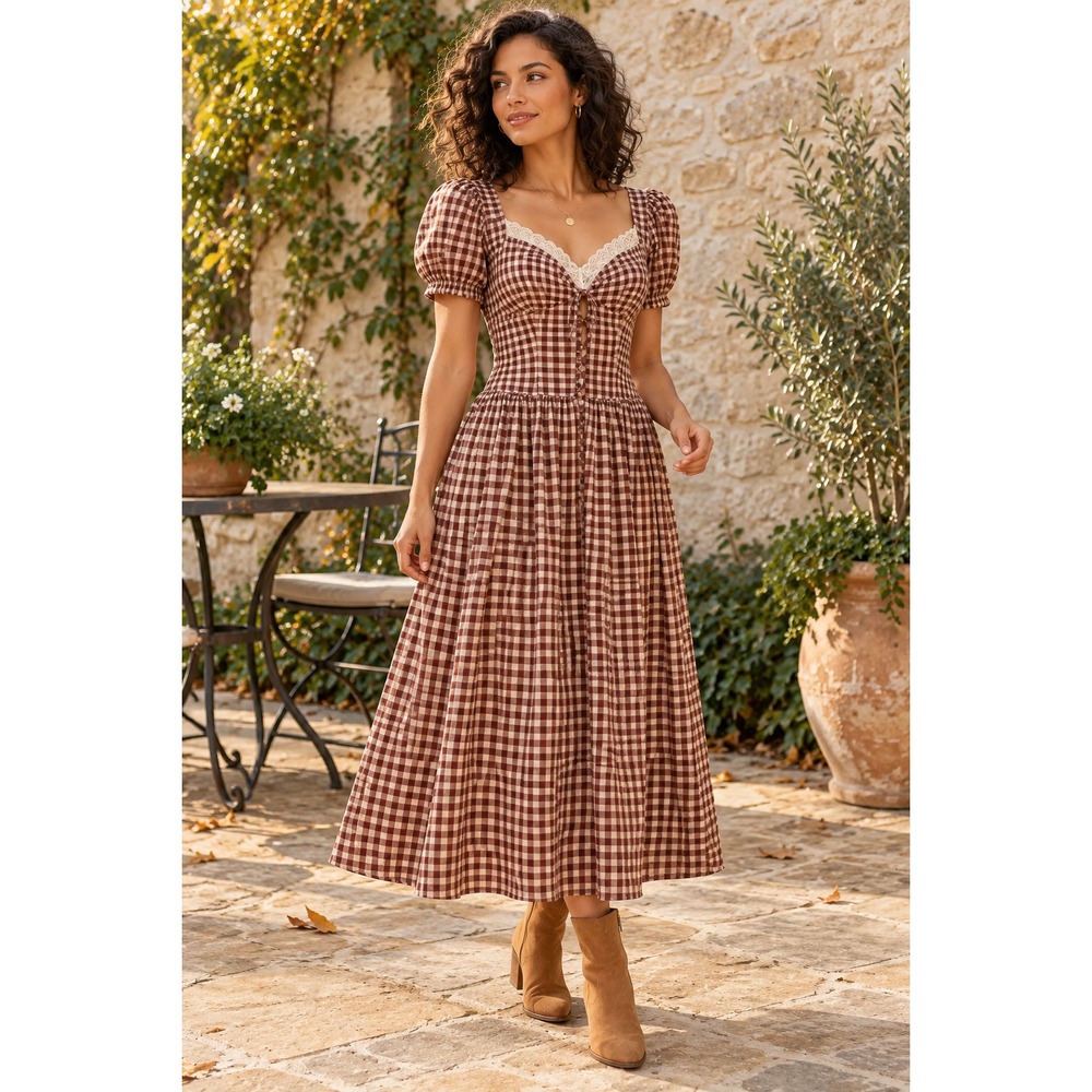 Reformation Rhett Gingham Dress 6 NEW Milkmaid Audrie Check Brown Purple Midi